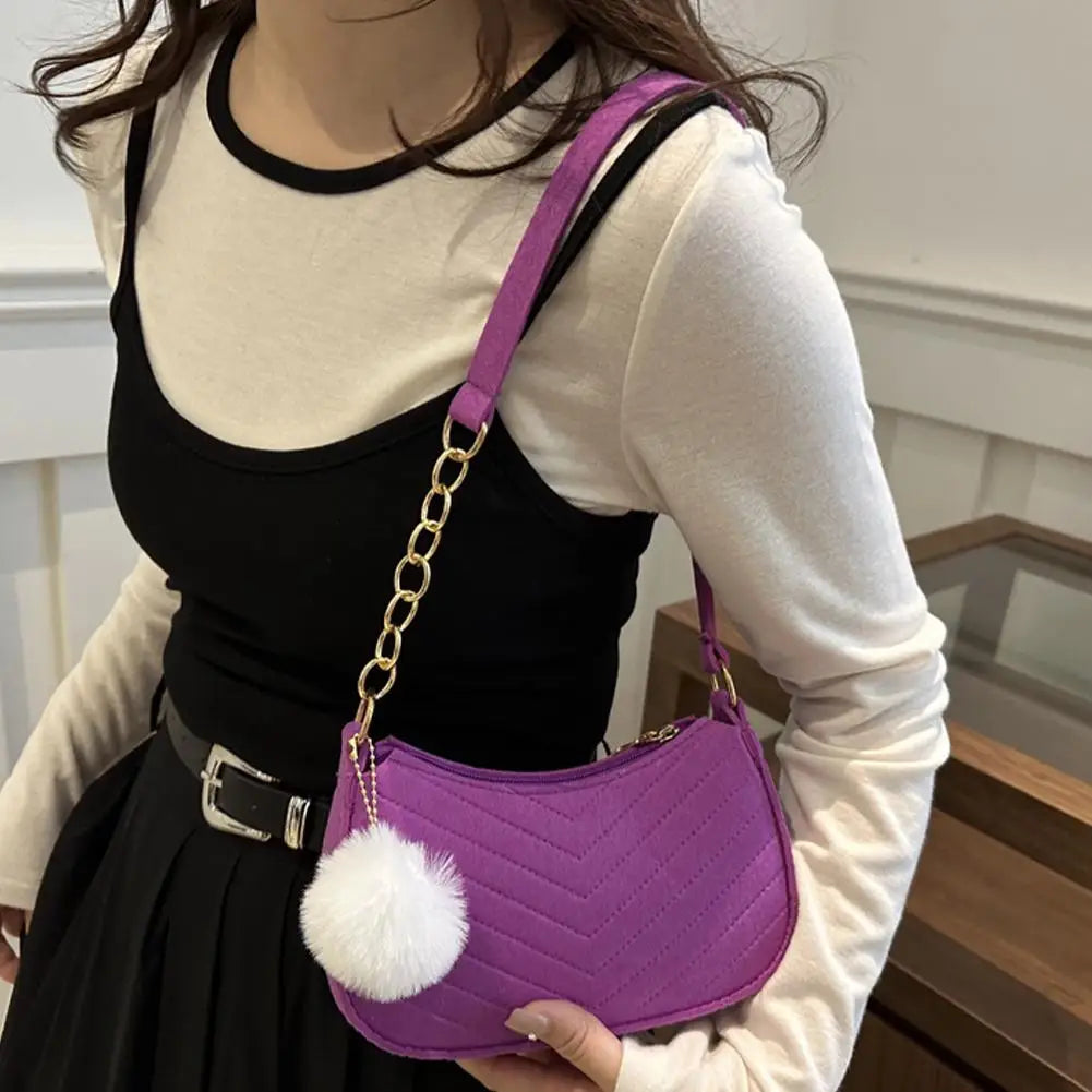 Winter Felt Bag Pom Pom Solid Color Underarm Shoulder Bag Small Square Purse Fashion Crossbody Bag Casual Cute Gift For Woman