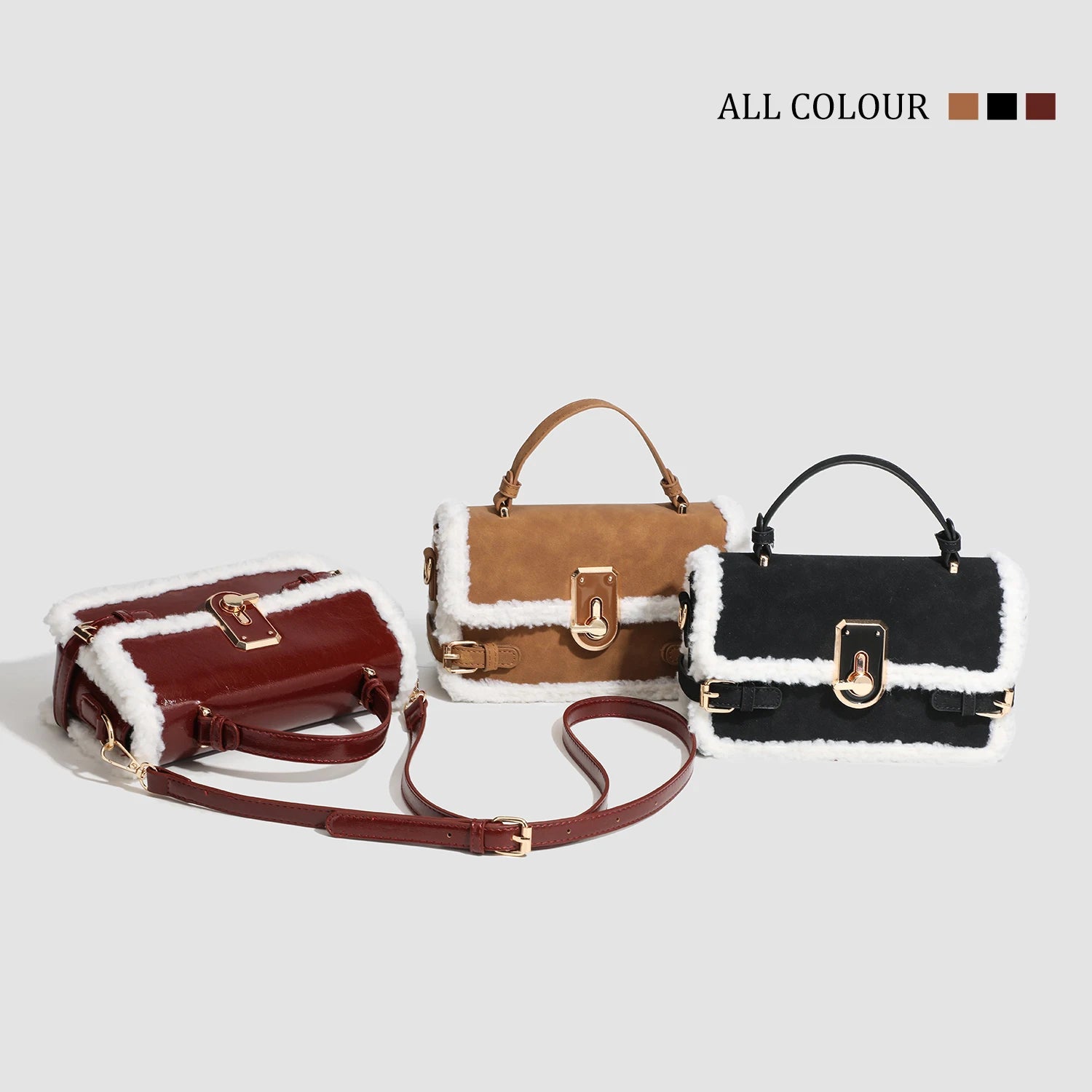 High Quality Burgundy Chic Lock Crossbody Bag 2025 New Women's Lamb Wool Splicing Shoulder Bags Fashion Elegant Ladies Handbag