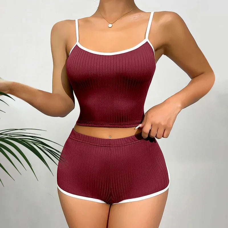 Europe and America Sleepwear Homewear Sexy Nightwear Ladies Solid Color Pajamas Thin Suspender Ribbed Loungewear 2PCS/Set