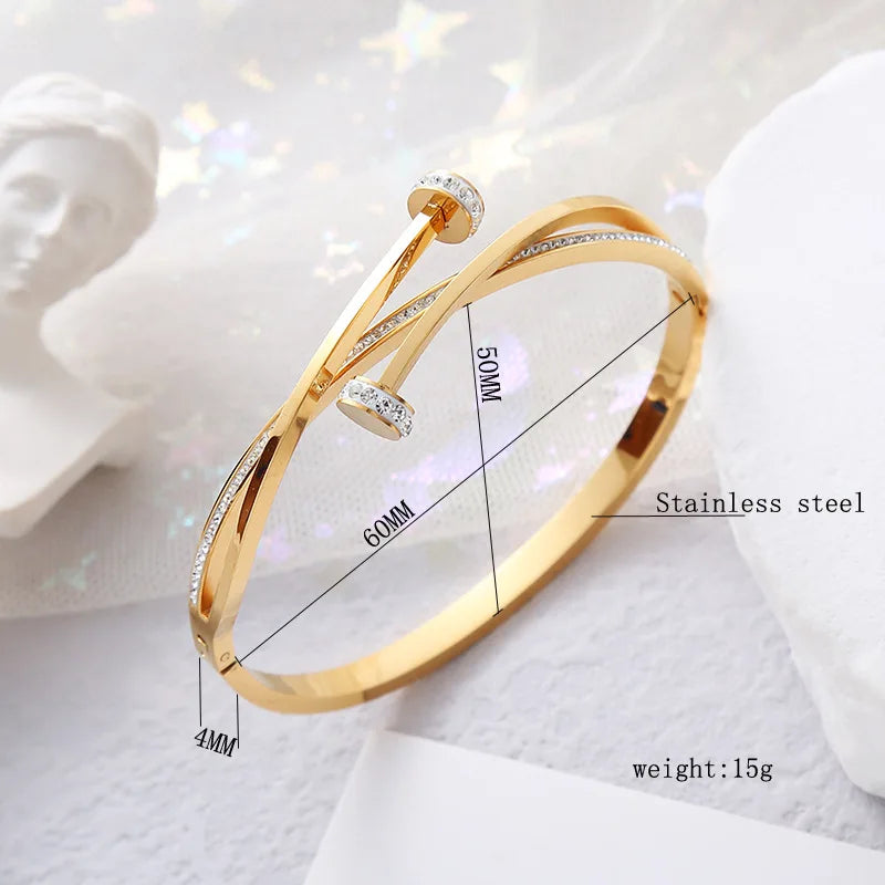 New Design Gold Color Zircon And Cross Nut Nail Bracelet & Bangles For Woman Metal Stainless Steel Waterproof  Jewelry Wholesale