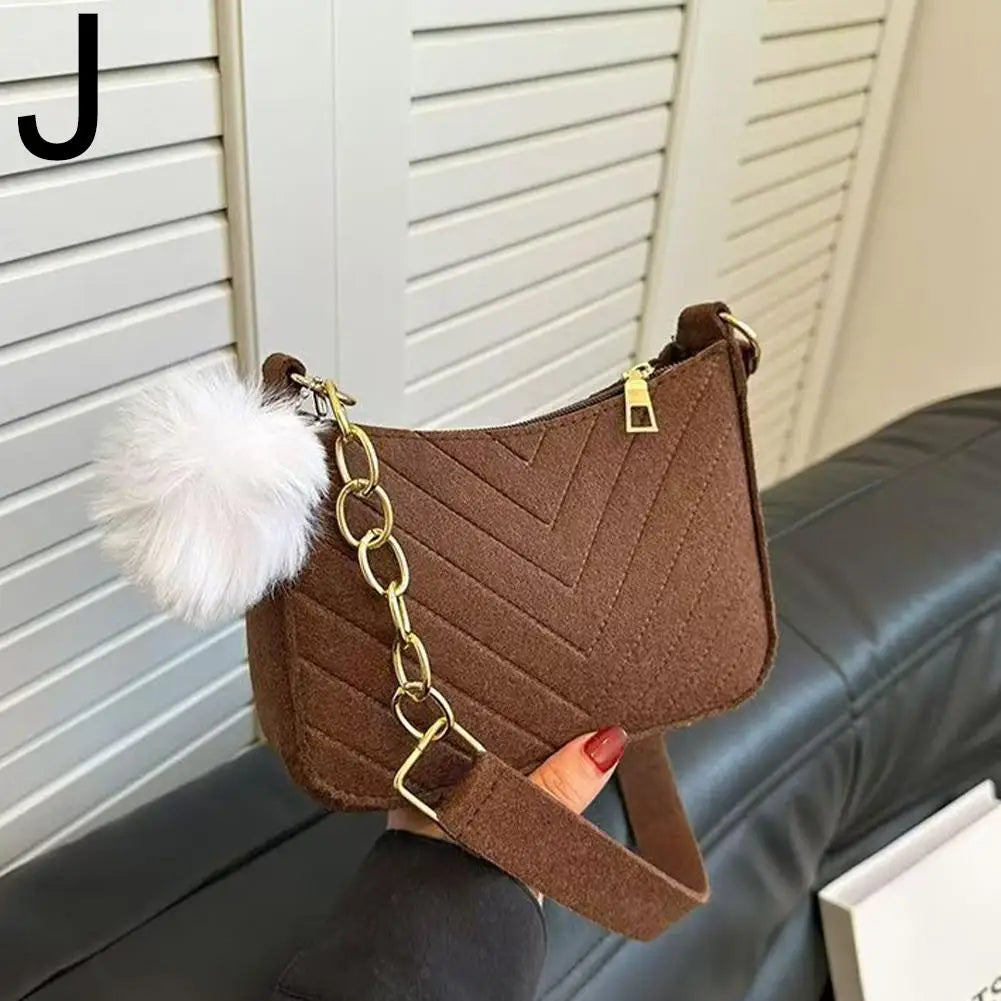 Winter Felt Bag Pom Pom Solid Color Underarm Shoulder Bag Small Square Purse Fashion Crossbody Bag Casual Cute Gift For Woman