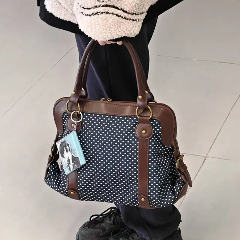 Vintage Polka Dot Tote Bag Women Preppy Style Large Capacity Handbag Briefcase Versatile Commuter Shoulder Bag With Leather Trim