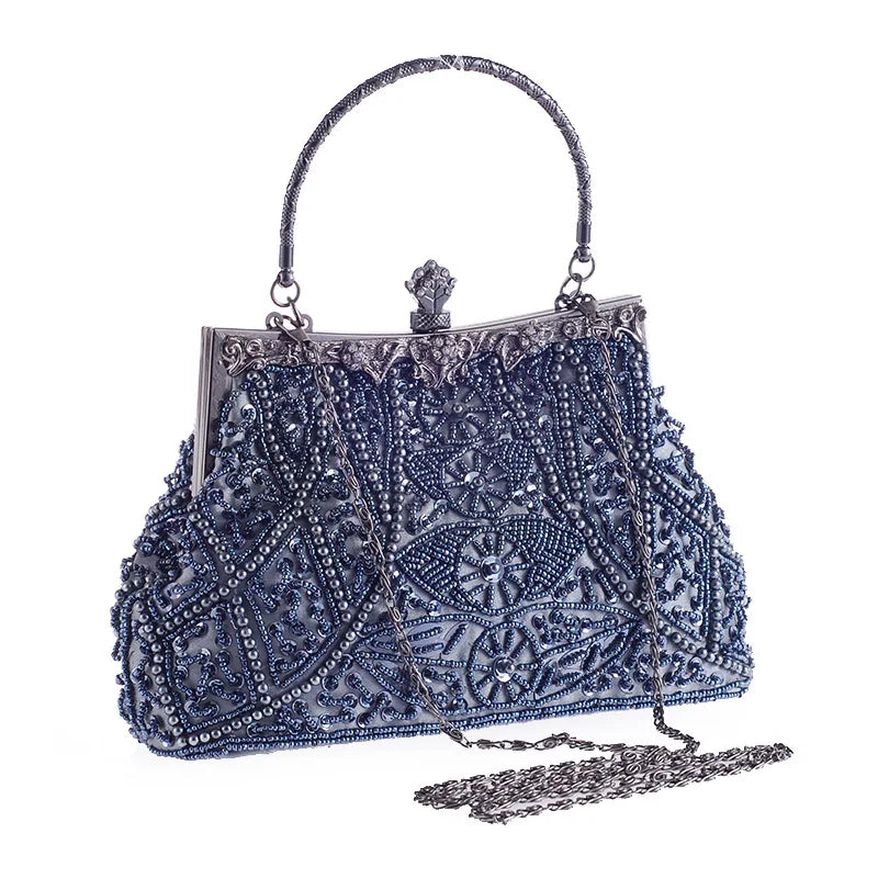 Lost in Vintage Clutch Handbag Beaded and Sequin Kiss-lock Closurer Shoulder Bag Crossbody Detachable ChainProm Evening Party