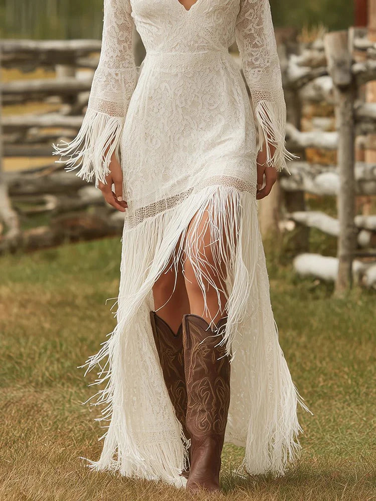 Elegant Vintage Women's Boho Tassel Dress White Lace V Neck Fringe Sleeve Autumn Fashion Party Dress Wedding Guest Maxi Dresses