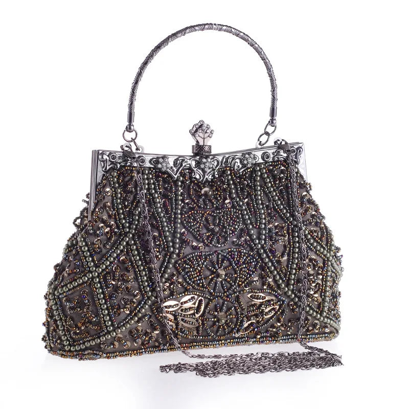 Lost in Vintage Clutch Handbag Beaded and Sequin Kiss-lock Closurer Shoulder Bag Crossbody Detachable ChainProm Evening Party