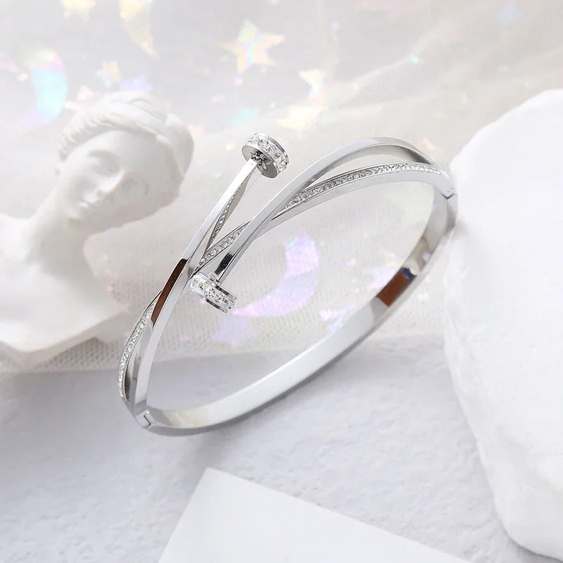 New Design Gold Color Zircon And Cross Nut Nail Bracelet & Bangles For Woman Metal Stainless Steel Waterproof  Jewelry Wholesale
