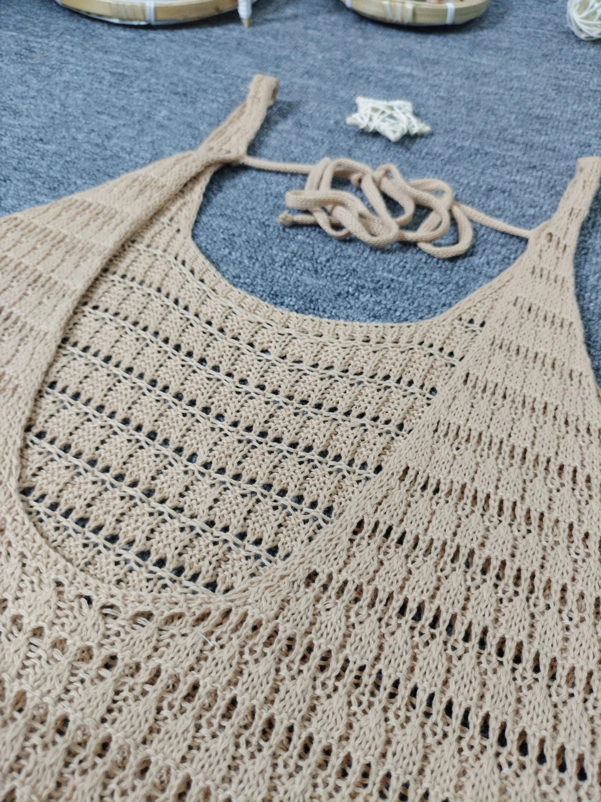 Elegant Knitted Beach Dress Backless Sexy Hollow out Bikini Cover up Top for Women Beach Vacation Swimwear Cover up