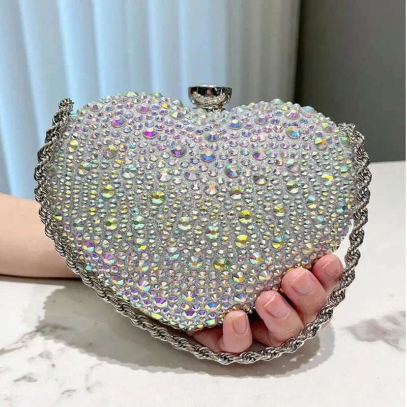 Luxury Diamond Inlay Heart Shape Crystal Clutch Purse Stones Evening Wedding Party Shoulder Bag Handle Rhinestone Mini Handbags