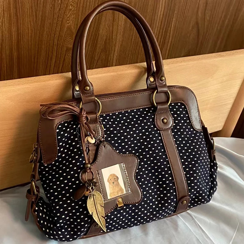Vintage Polka Dot Tote Bag Women Preppy Style Large Capacity Handbag Briefcase Versatile Commuter Shoulder Bag With Leather Trim