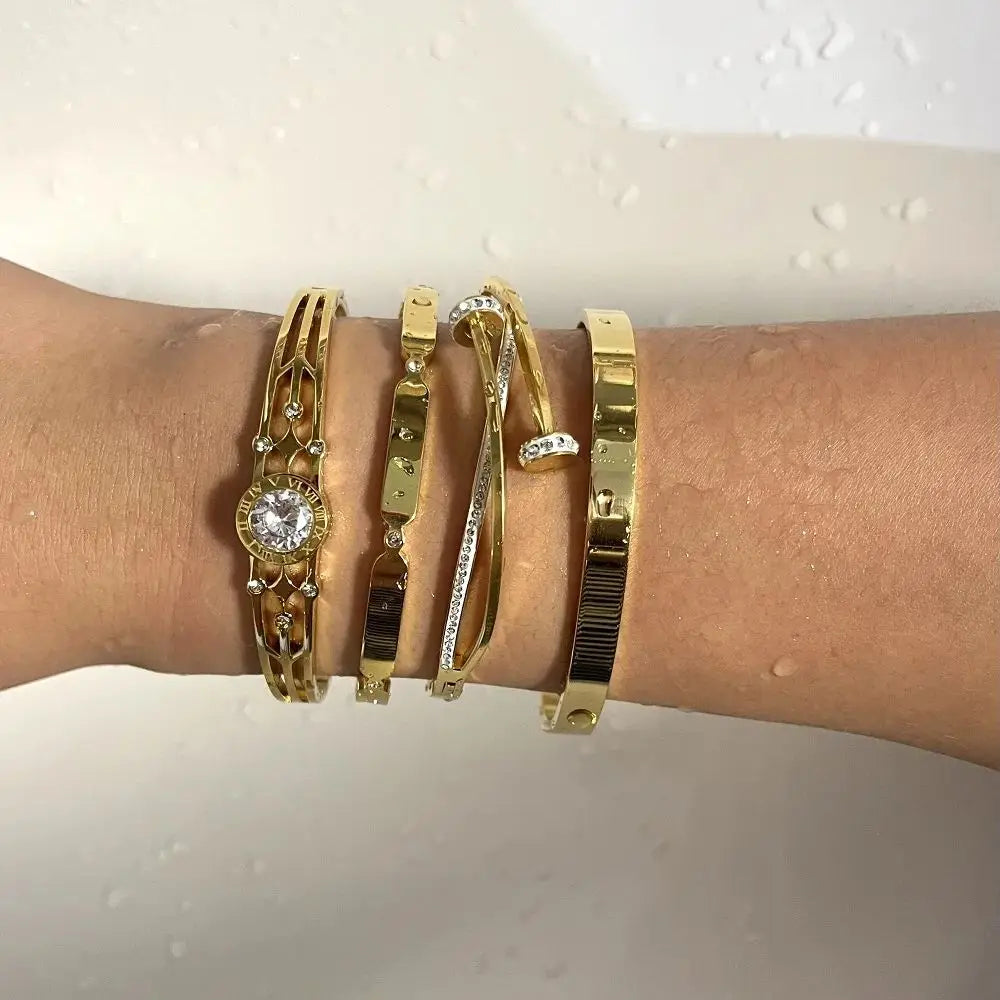 New Design Gold Color Zircon And Cross Nut Nail Bracelet & Bangles For Woman Metal Stainless Steel Waterproof  Jewelry Wholesale