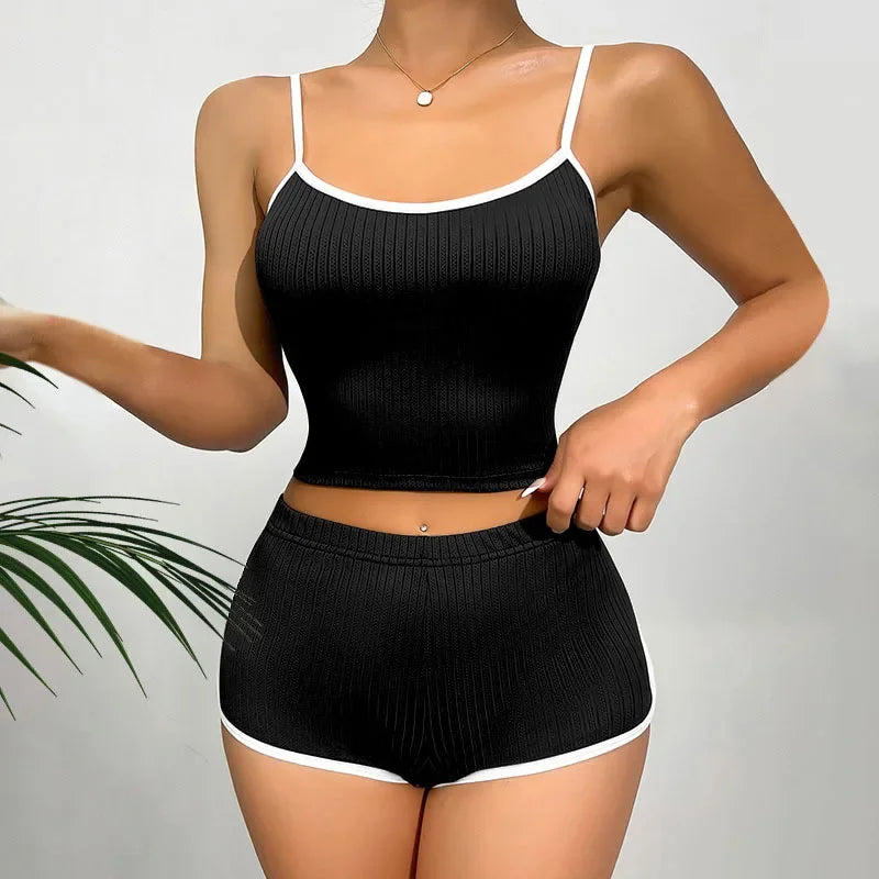 Europe and America Sleepwear Homewear Sexy Nightwear Ladies Solid Color Pajamas Thin Suspender Ribbed Loungewear 2PCS/Set