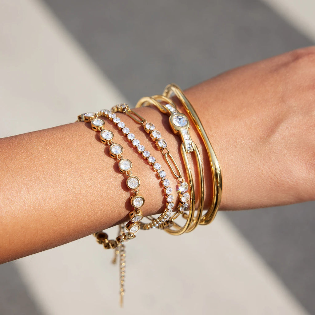 Uworld Delicate Bling Hollow Bracelet With White Rhinestones Layered Jewelry For Women PVD Gold Plated Stainless Steel Bracelets