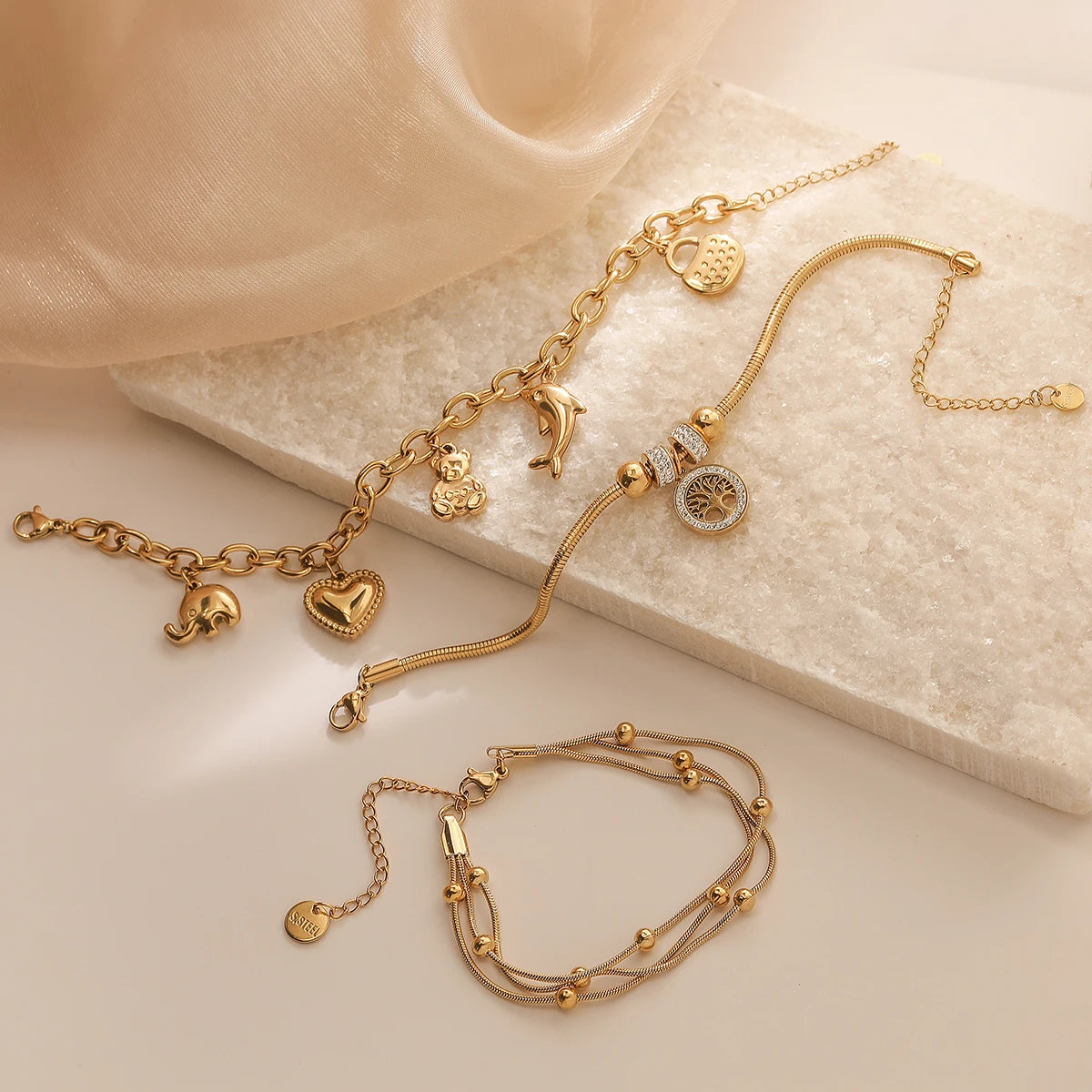 Trendy Gold Color 316L Stainless Steel Party Jewelry Femme Bijoux Multilayer Life Tree Heart Charm Bracelets For Women