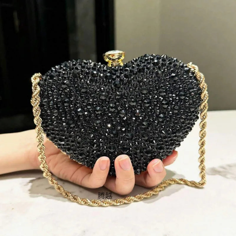Luxury Diamond Inlay Heart Shape Crystal Clutch Purse Stones Evening Wedding Party Shoulder Bag Handle Rhinestone Mini Handbags