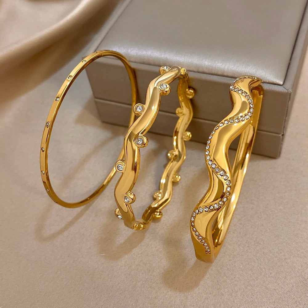 3Style Design Stainless Steel Open Bangle Fashion Half-wavy Diamond-encrusted Fine Bracelet For Women Men European American New