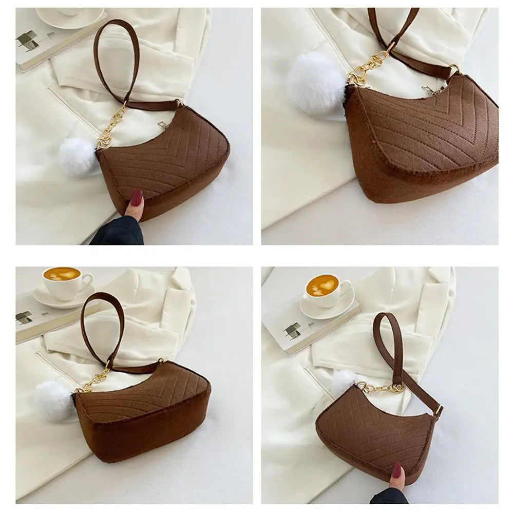 Winter Felt Bag Pom Pom Solid Color Underarm Shoulder Bag Small Square Purse Fashion Crossbody Bag Casual Cute Gift For Woman