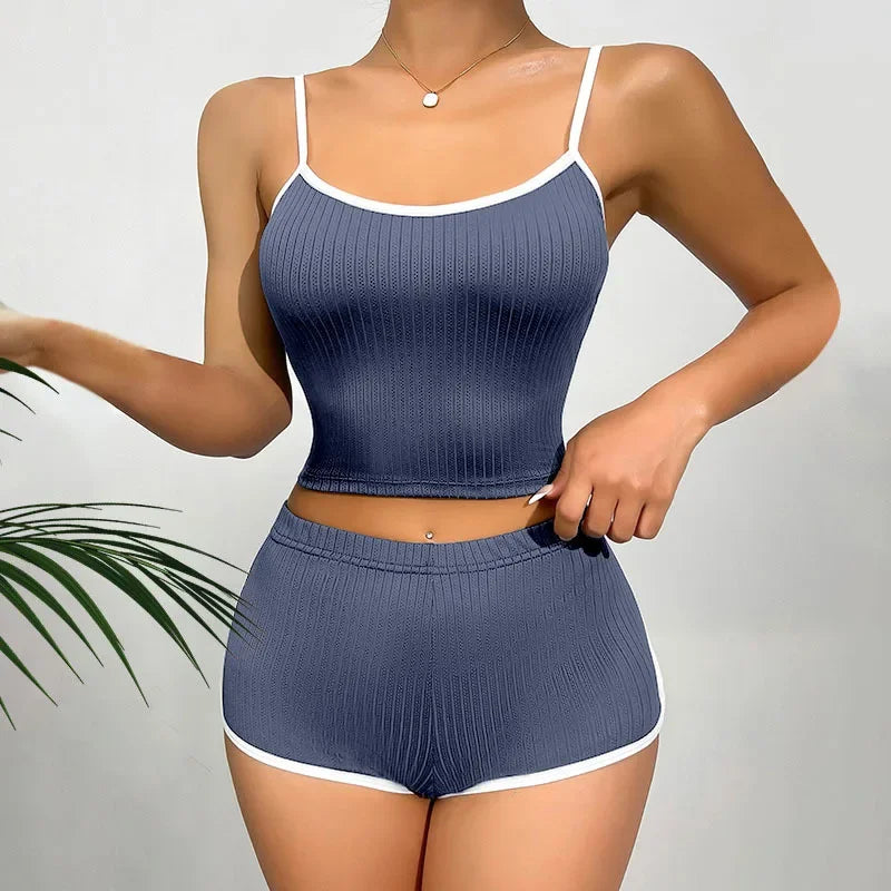Europe and America Sleepwear Homewear Sexy Nightwear Ladies Solid Color Pajamas Thin Suspender Ribbed Loungewear 2PCS/Set