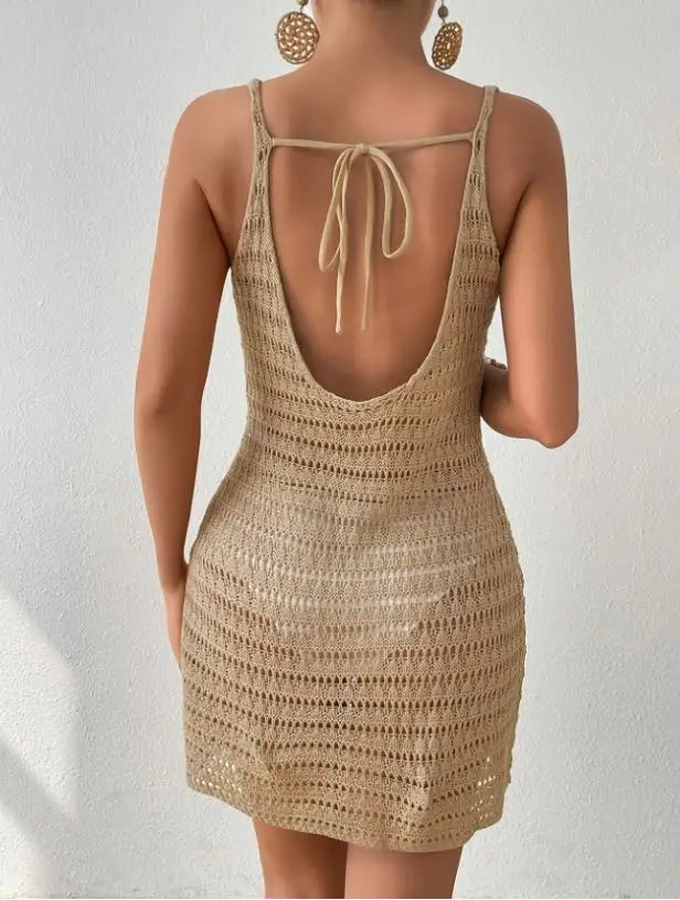 Elegant Knitted Beach Dress Backless Sexy Hollow out Bikini Cover up Top for Women Beach Vacation Swimwear Cover up