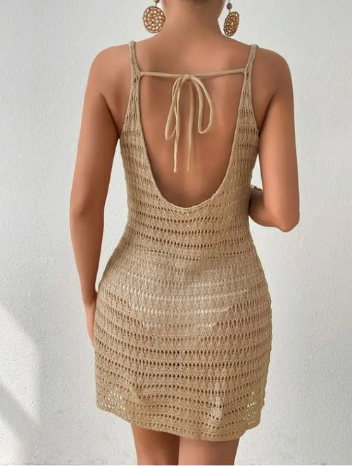 Elegant Knitted Beach Dress Backless Sexy Hollow out Bikini Cover up Top for Women Beach Vacation Swimwear Cover up