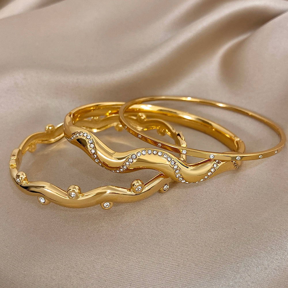 3Style Design Stainless Steel Open Bangle Fashion Half-wavy Diamond-encrusted Fine Bracelet For Women Men European American New