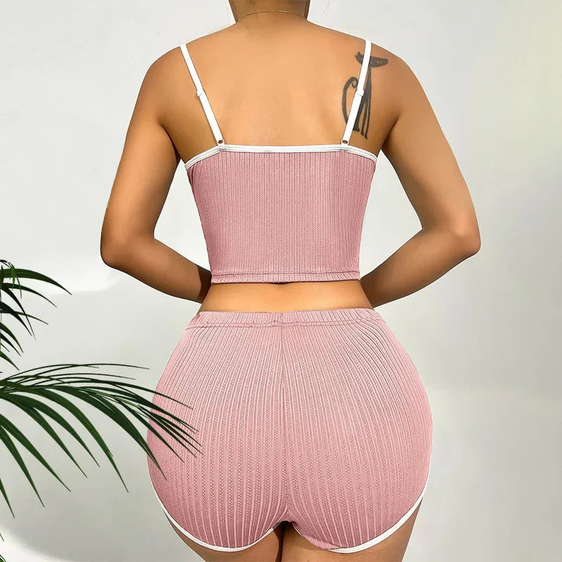Europe and America Sleepwear Homewear Sexy Nightwear Ladies Solid Color Pajamas Thin Suspender Ribbed Loungewear 2PCS/Set