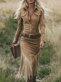 Western Retro Solid Suede Slit Tassel Dresses Woman Turn-down Collar Zipper Slim Hips Dress New Fall Long Sleeve Irregular Dress