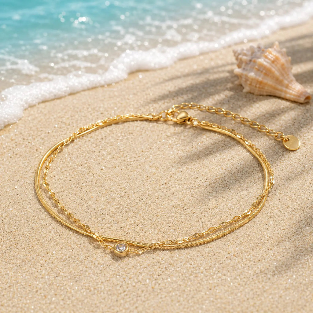 Waterproof CZ Snake Chain Anklet, Tarnish Free 18K Gold Plated Stainless Steel Double Layered Foot Bracelet for Women