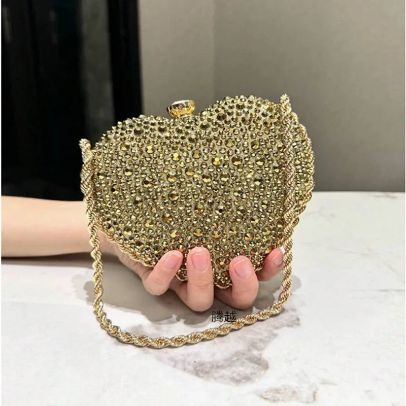 Luxury Diamond Inlay Heart Shape Crystal Clutch Purse Stones Evening Wedding Party Shoulder Bag Handle Rhinestone Mini Handbags