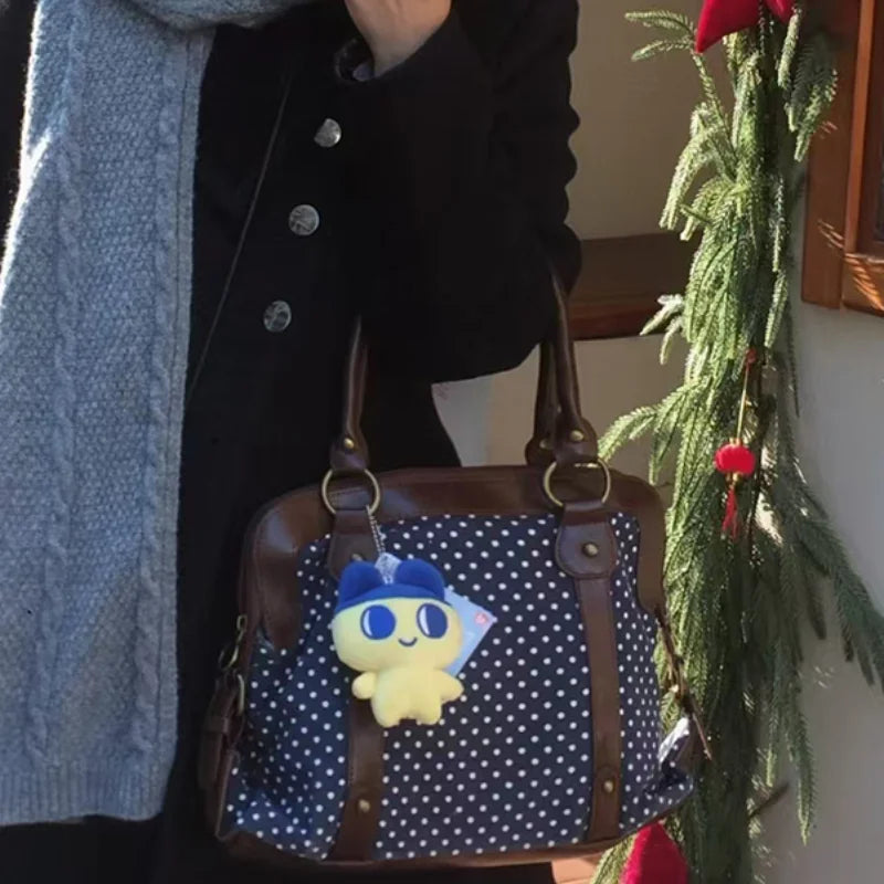 Vintage Polka Dot Tote Bag Women Preppy Style Large Capacity Handbag Briefcase Versatile Commuter Shoulder Bag With Leather Trim