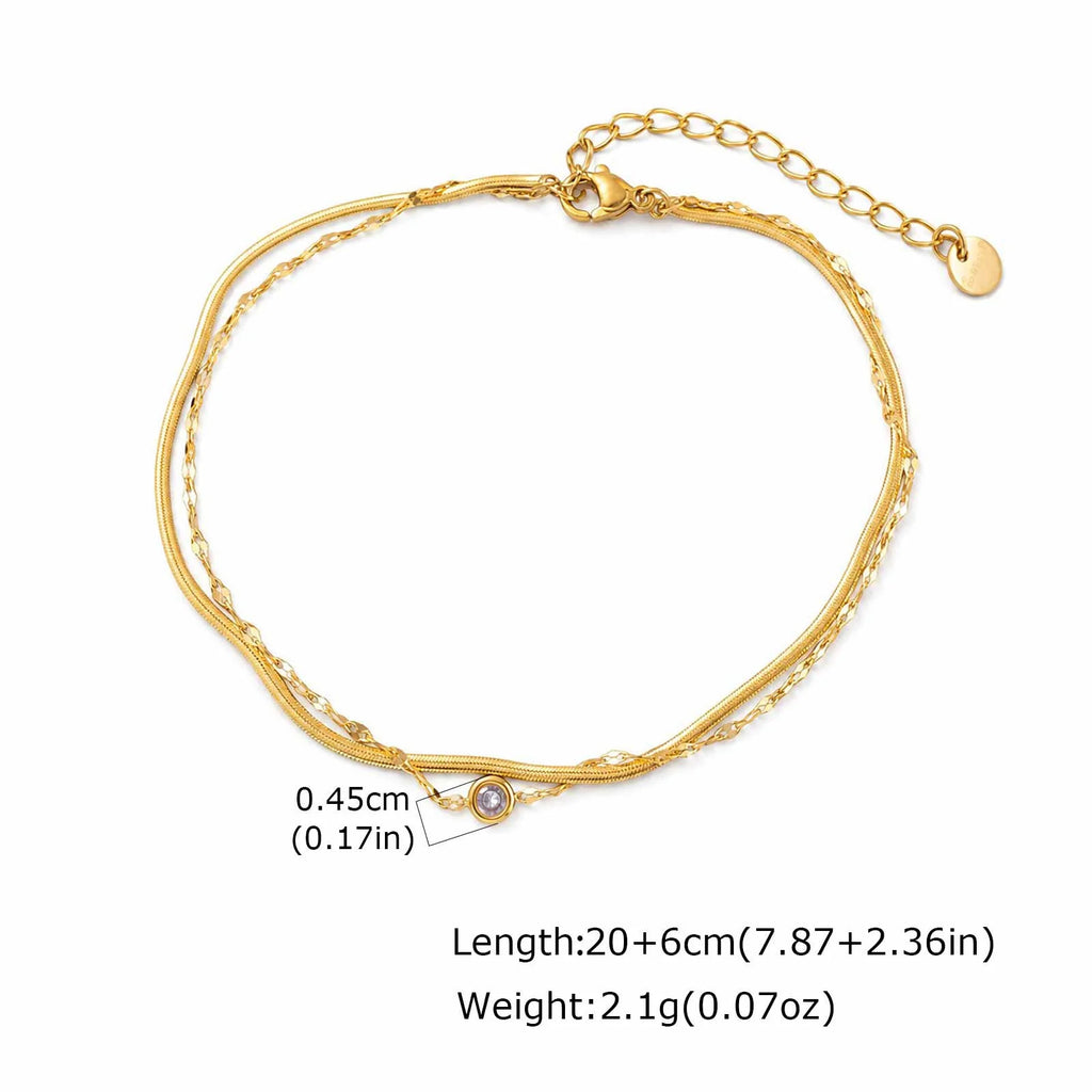 Waterproof CZ Snake Chain Anklet, Tarnish Free 18K Gold Plated Stainless Steel Double Layered Foot Bracelet for Women
