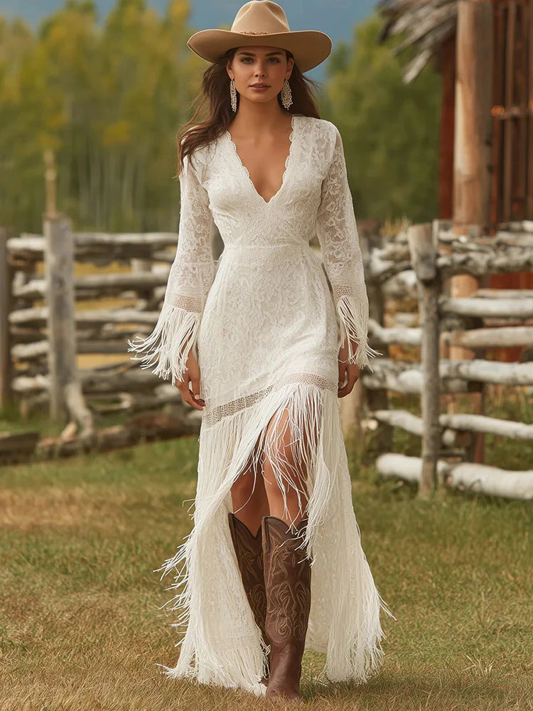 Elegant Vintage Women's Boho Tassel Dress White Lace V Neck Fringe Sleeve Autumn Fashion Party Dress Wedding Guest Maxi Dresses