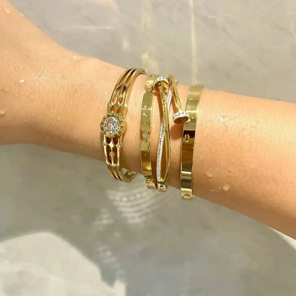 New Design Gold Color Zircon And Cross Nut Nail Bracelet & Bangles For Woman Metal Stainless Steel Waterproof  Jewelry Wholesale