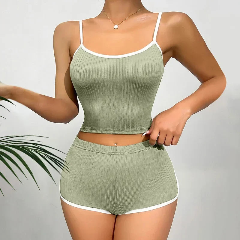 Europe and America Sleepwear Homewear Sexy Nightwear Ladies Solid Color Pajamas Thin Suspender Ribbed Loungewear 2PCS/Set