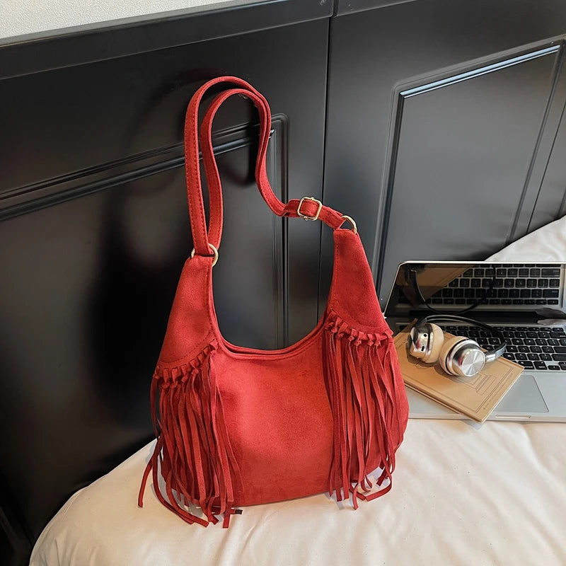 LEFTSIDE Design Faux Suede Shoulder Bags for Women 2025 Tassels Crossbody Bag Females Retro New Luxury Handbags and Purses