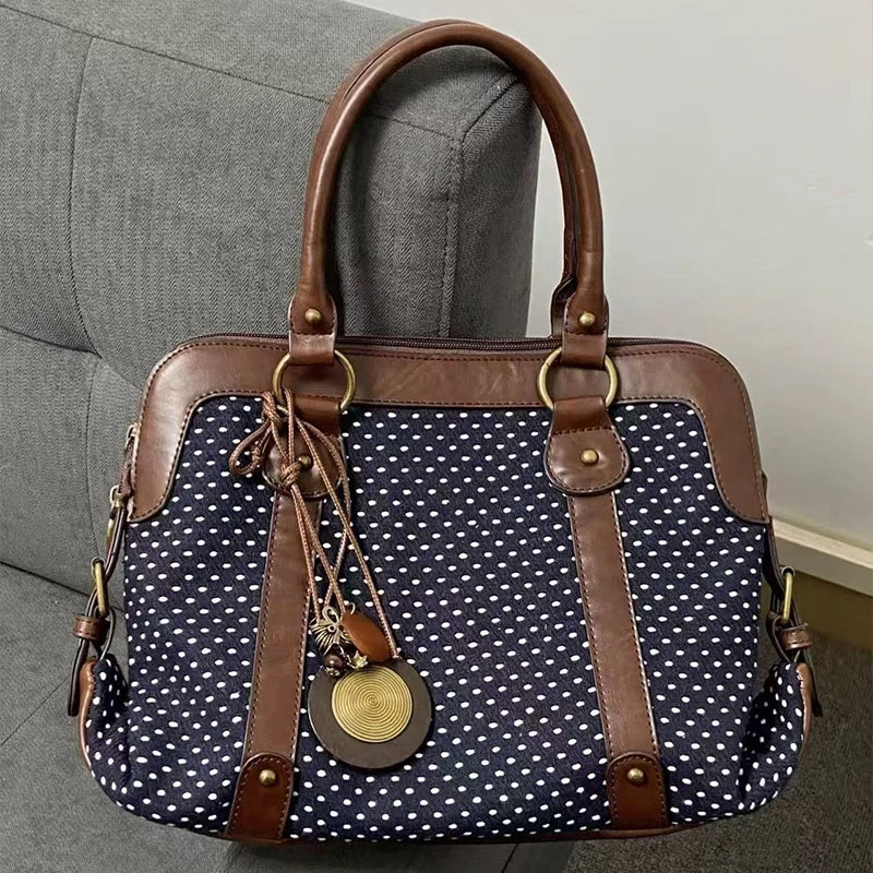 Vintage Polka Dot Tote Bag Women Preppy Style Large Capacity Handbag Briefcase Versatile Commuter Shoulder Bag With Leather Trim