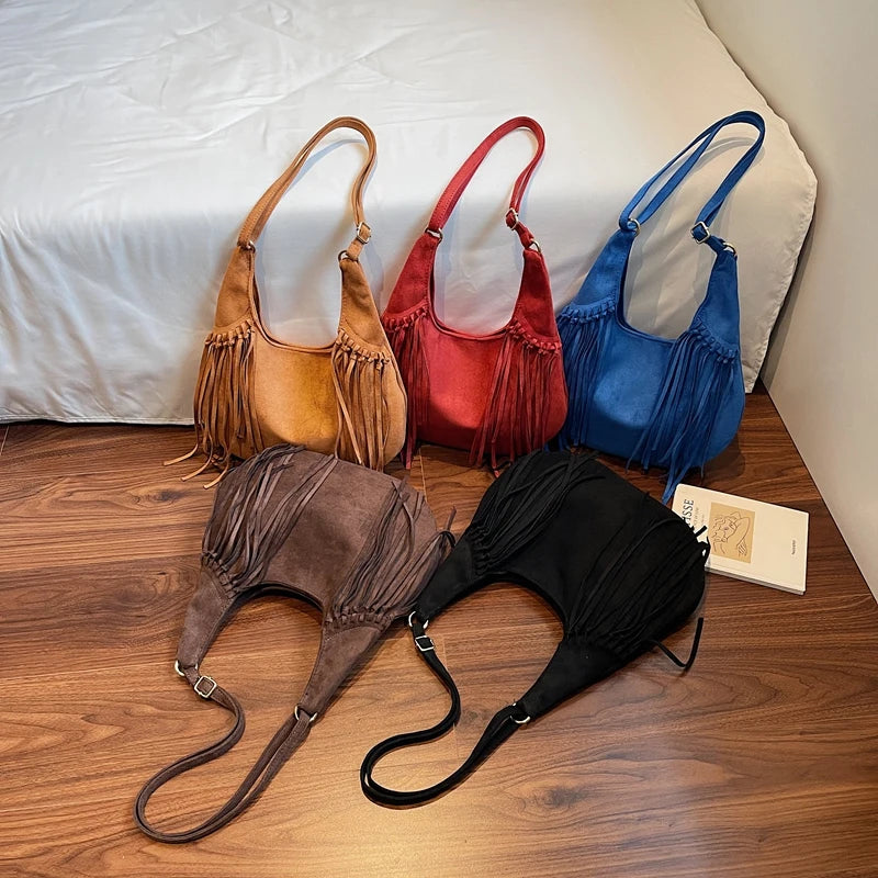 LEFTSIDE Design Faux Suede Shoulder Bags for Women 2025 Tassels Crossbody Bag Females Retro New Luxury Handbags and Purses