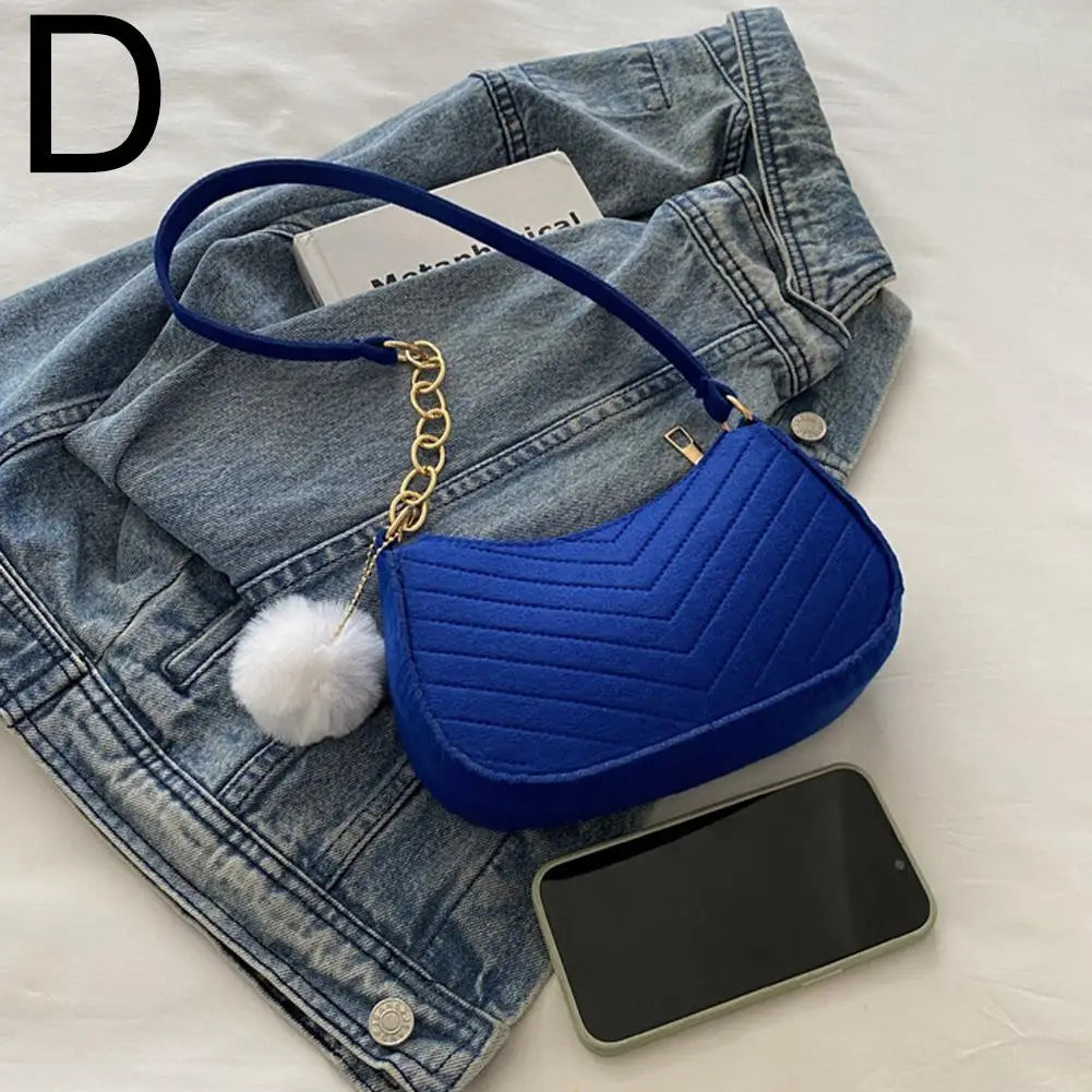 Winter Felt Bag Pom Pom Solid Color Underarm Shoulder Bag Small Square Purse Fashion Crossbody Bag Casual Cute Gift For Woman