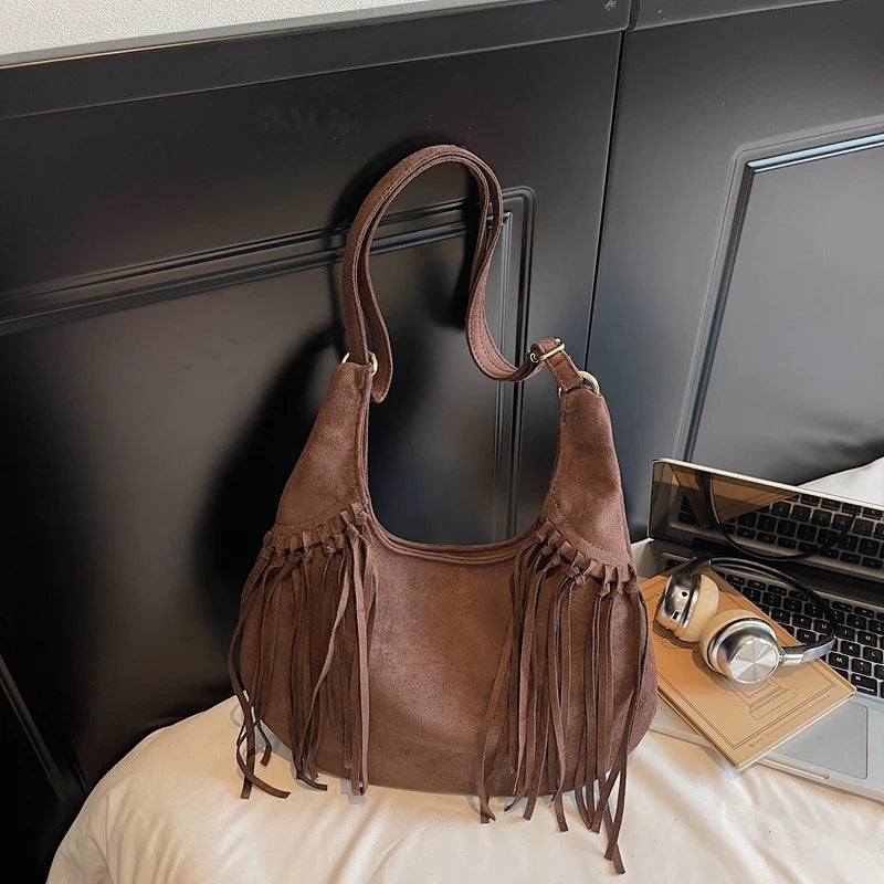 LEFTSIDE Design Faux Suede Shoulder Bags for Women 2025 Tassels Crossbody Bag Females Retro New Luxury Handbags and Purses